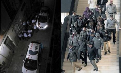 صورة مركبة لافراد الشرطة اثناء اعتقالهم الضحية واثناء مثولهم امام المحكمة